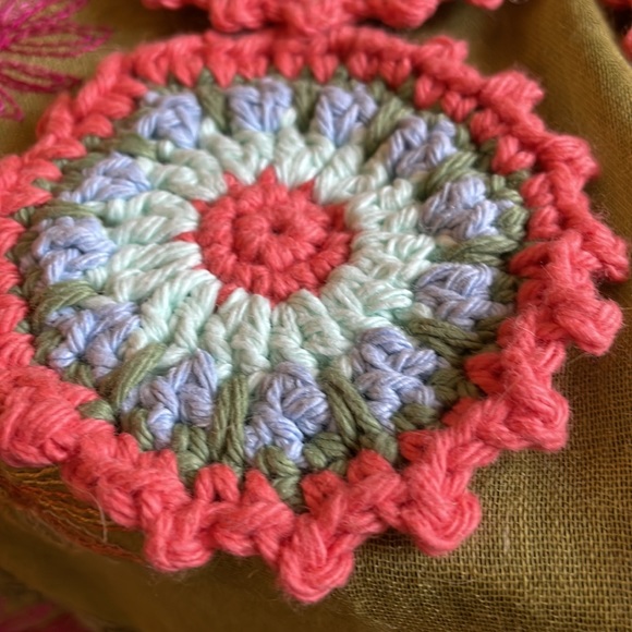 Hand crocheted Mandala coasters in apricot, blue, green, mint - Picture 3 of 5